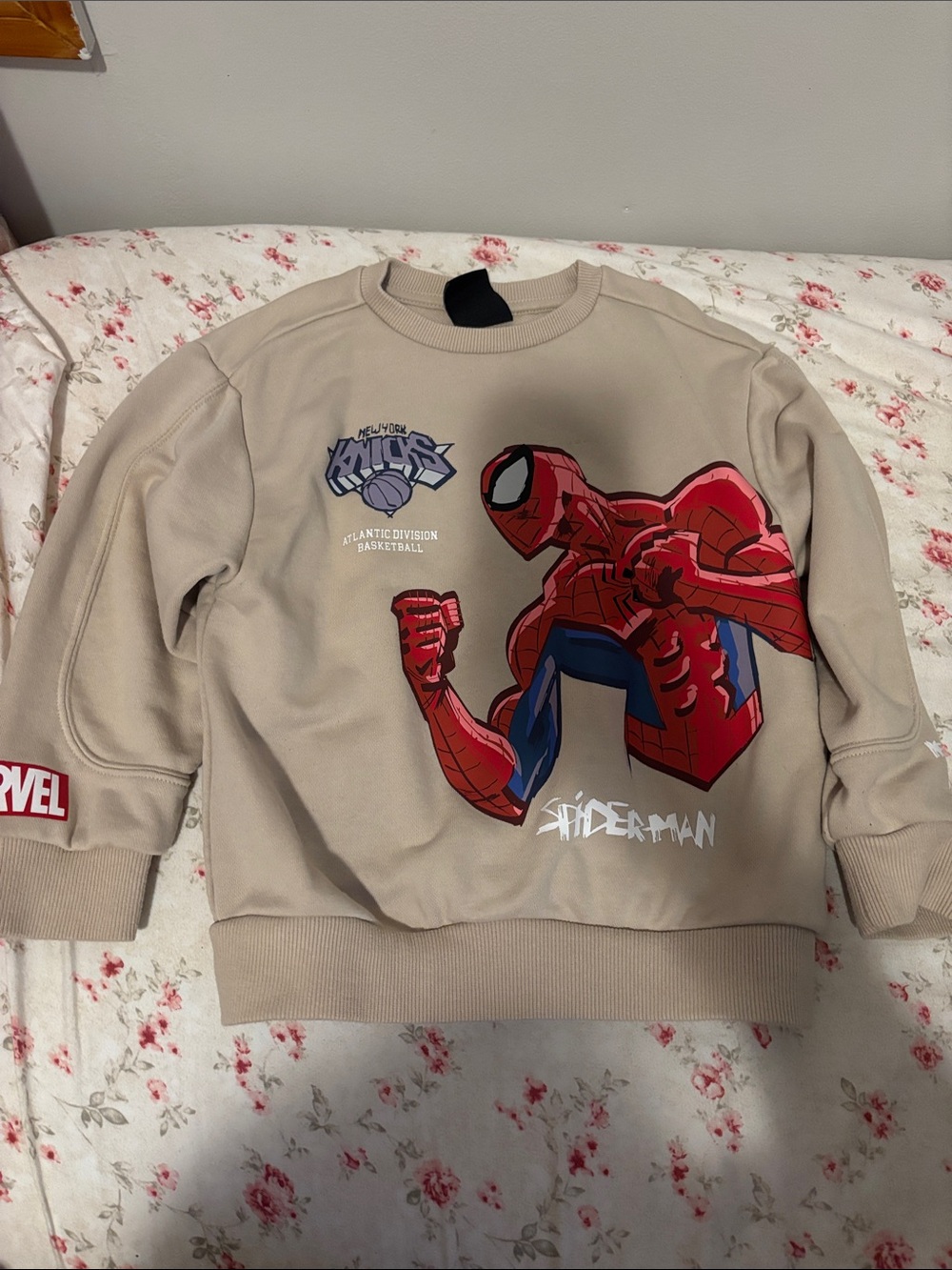 Marvel Beige Crewneck Sweater with Red & Blue Spider-Man Graphic